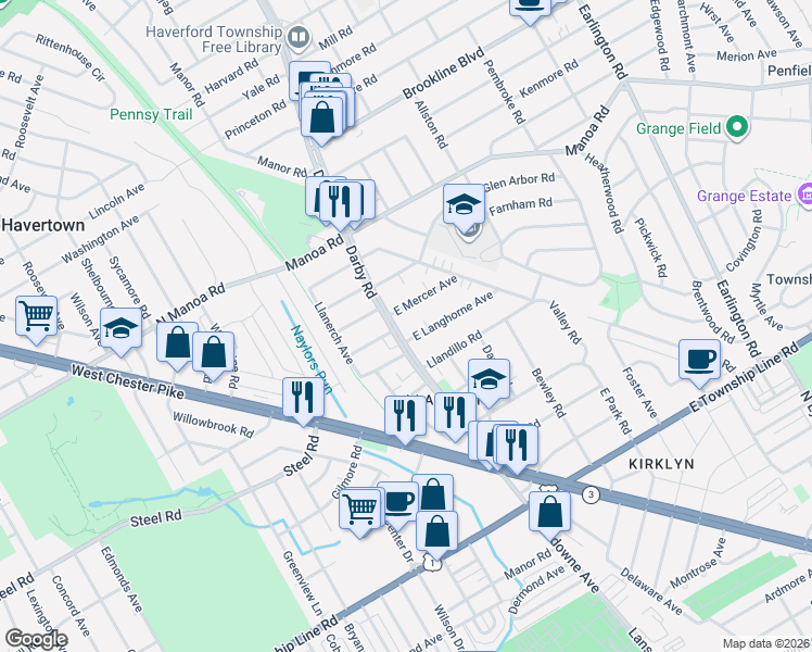 map of restaurants, bars, coffee shops, grocery stores, and more near 6 East Langhorne Avenue in Havertown