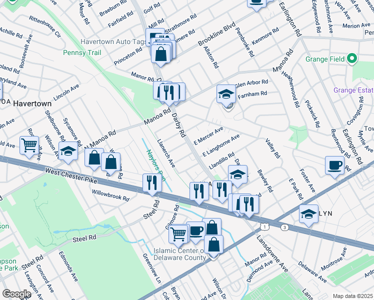 map of restaurants, bars, coffee shops, grocery stores, and more near in Delaware County