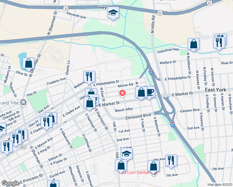 map of restaurants, bars, coffee shops, grocery stores, and more near 1488 Wayne Avenue in York