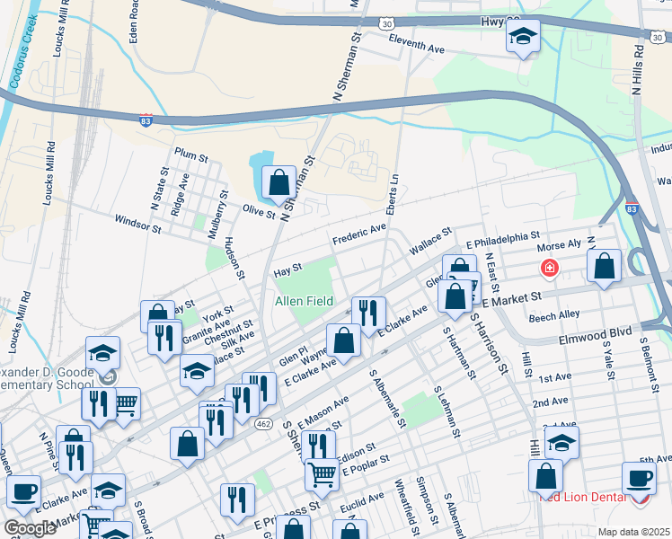 map of restaurants, bars, coffee shops, grocery stores, and more near 212 North Albemarle Street in York