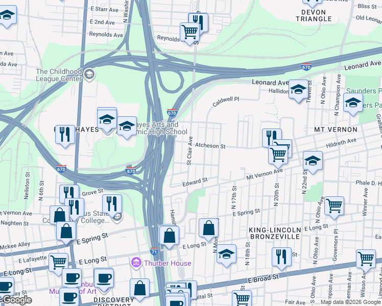 map of restaurants, bars, coffee shops, grocery stores, and more near 841 Atcheson Street in Columbus