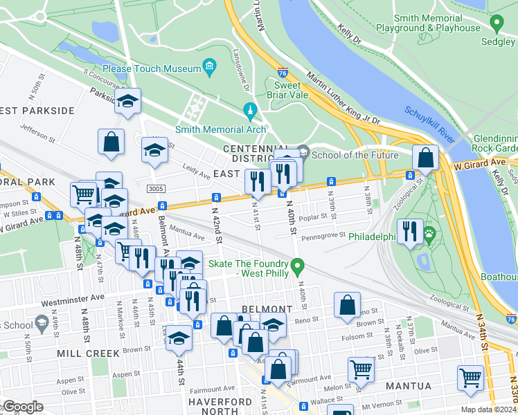 map of restaurants, bars, coffee shops, grocery stores, and more near 1131 North 41st Street in Philadelphia