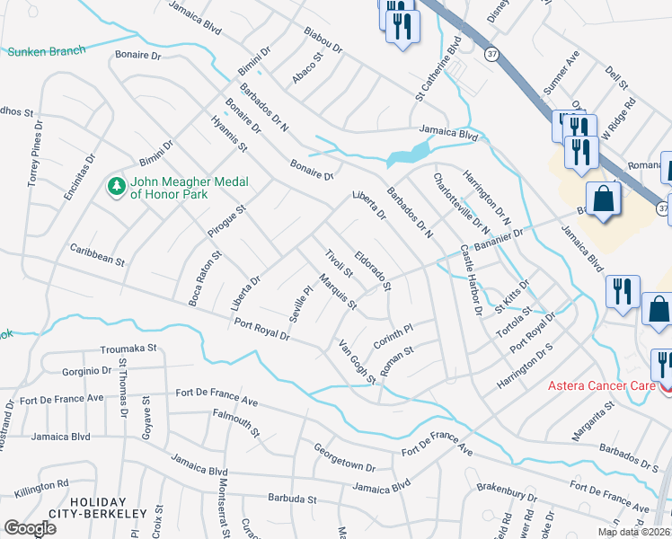 map of restaurants, bars, coffee shops, grocery stores, and more near 18 Tivoli Street in Toms River