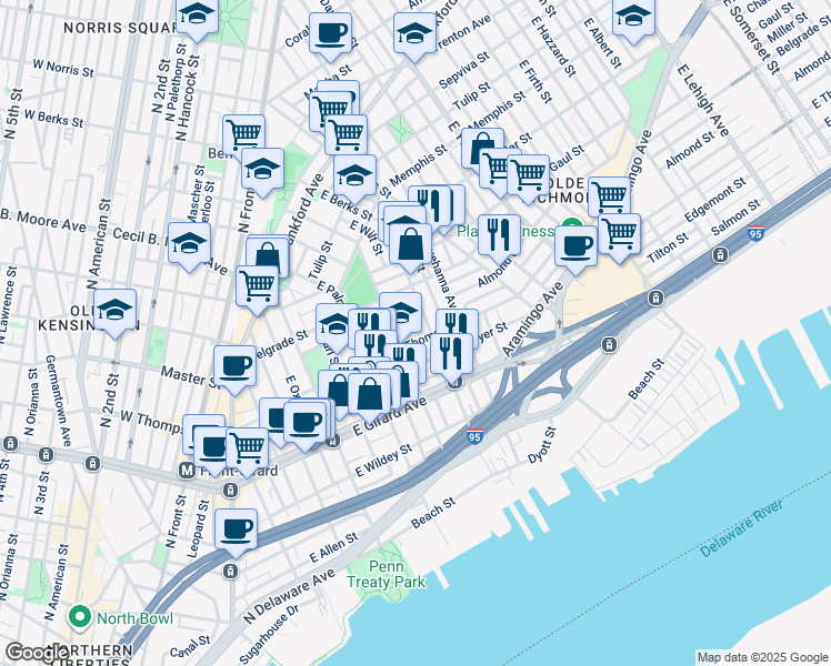 map of restaurants, bars, coffee shops, grocery stores, and more near 627 East Thompson Street in Philadelphia