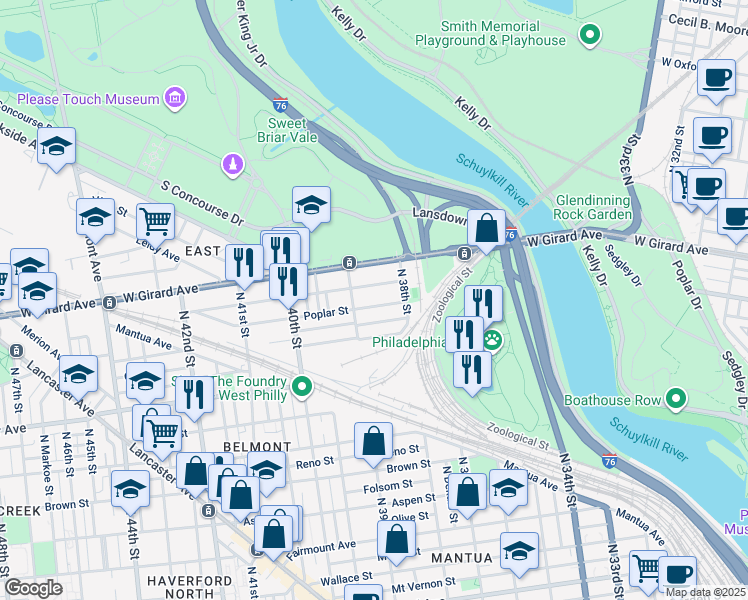 map of restaurants, bars, coffee shops, grocery stores, and more near 3845 Poplar Street in Philadelphia