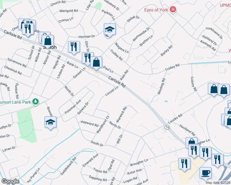 map of restaurants, bars, coffee shops, grocery stores, and more near 2214 Locust Lane in York