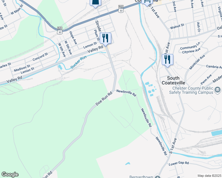 map of restaurants, bars, coffee shops, grocery stores, and more near 100 Doe Run Road in Coatesville