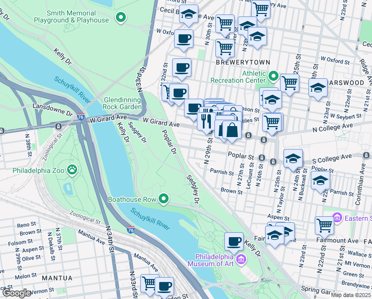 map of restaurants, bars, coffee shops, grocery stores, and more near 3004 Poplar Street in Philadelphia
