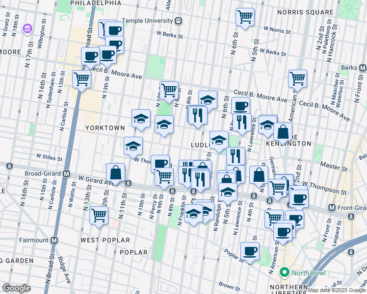 map of restaurants, bars, coffee shops, grocery stores, and more near 1407 North 8th Street in Philadelphia
