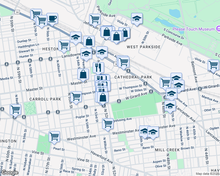 map of restaurants, bars, coffee shops, grocery stores, and more near 5135 West Thompson Street in Philadelphia