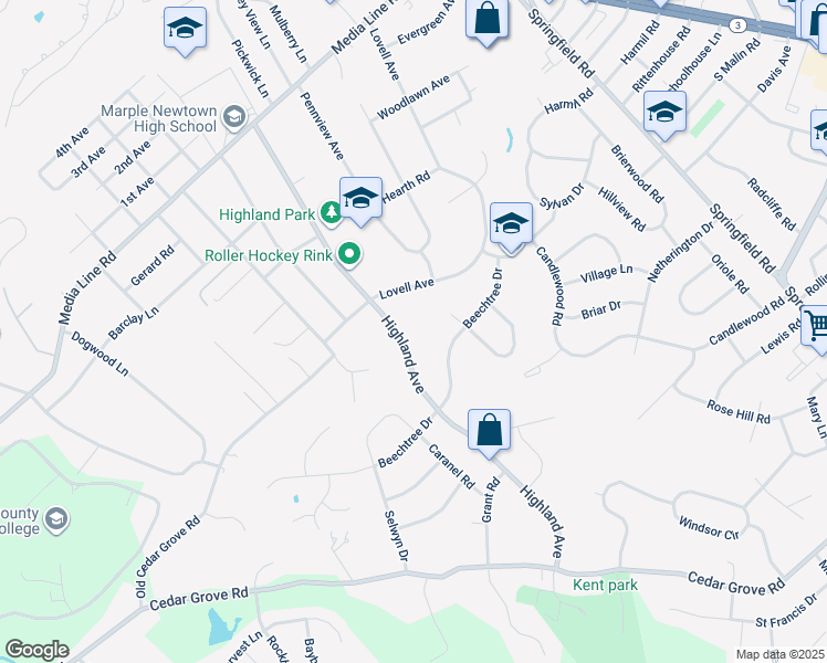 map of restaurants, bars, coffee shops, grocery stores, and more near 2789 Highland Avenue in Broomall