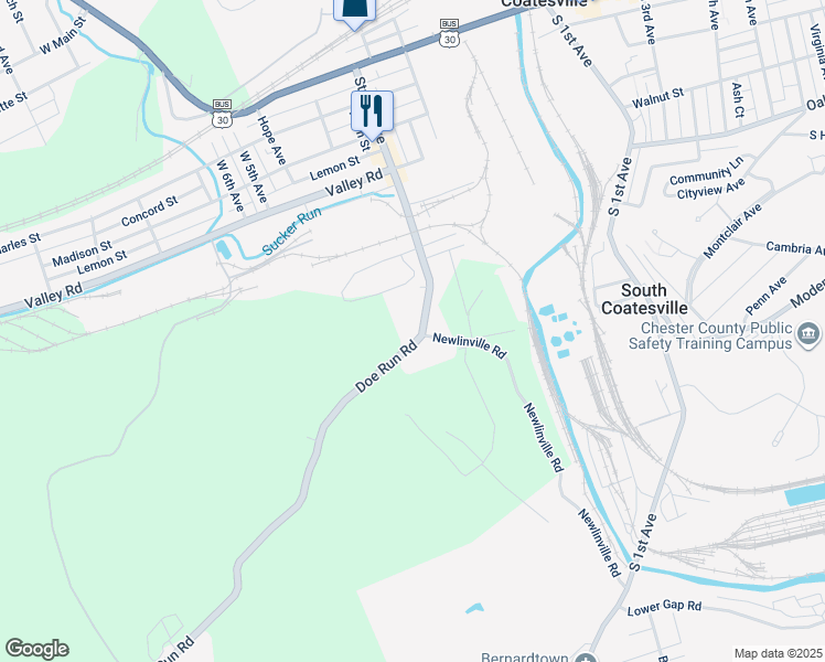 map of restaurants, bars, coffee shops, grocery stores, and more near 100 Doe Run Road in Coatesville