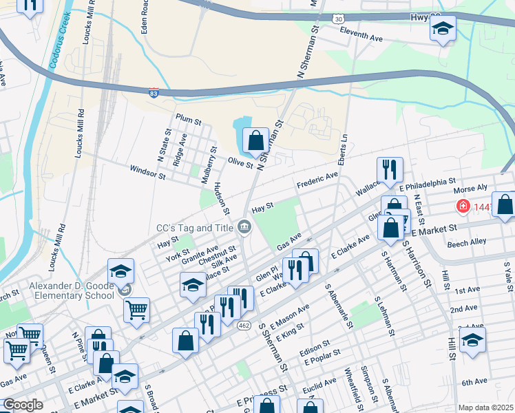 map of restaurants, bars, coffee shops, grocery stores, and more near 919 Hay Street in York