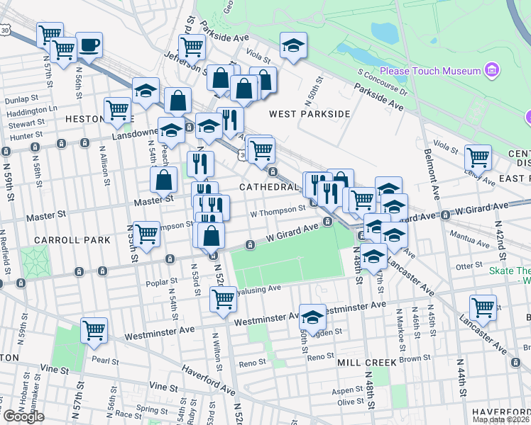 map of restaurants, bars, coffee shops, grocery stores, and more near N 50th St & W Thompson St in Philadelphia