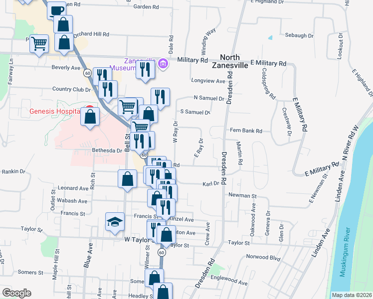 map of restaurants, bars, coffee shops, grocery stores, and more near 2760 West Ray Drive in Zanesville