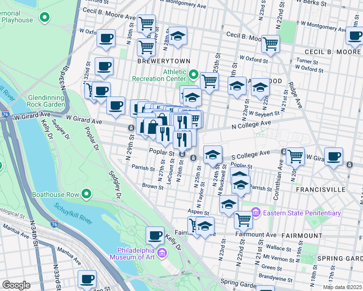 map of restaurants, bars, coffee shops, grocery stores, and more near 924 N 26th St in Philadelphia