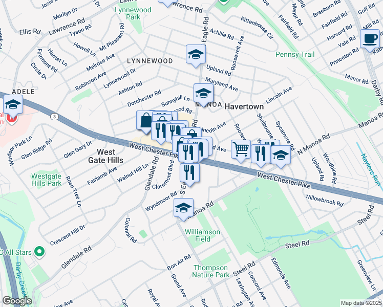 map of restaurants, bars, coffee shops, grocery stores, and more near 11 North Eagle Road in Havertown