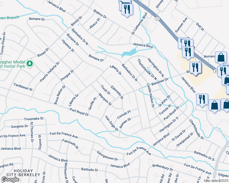 map of restaurants, bars, coffee shops, grocery stores, and more near 31 Eldorado Street in Toms River