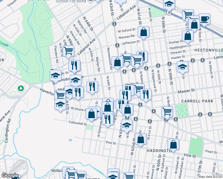 map of restaurants, bars, coffee shops, grocery stores, and more near 636 North 64th Street in Philadelphia