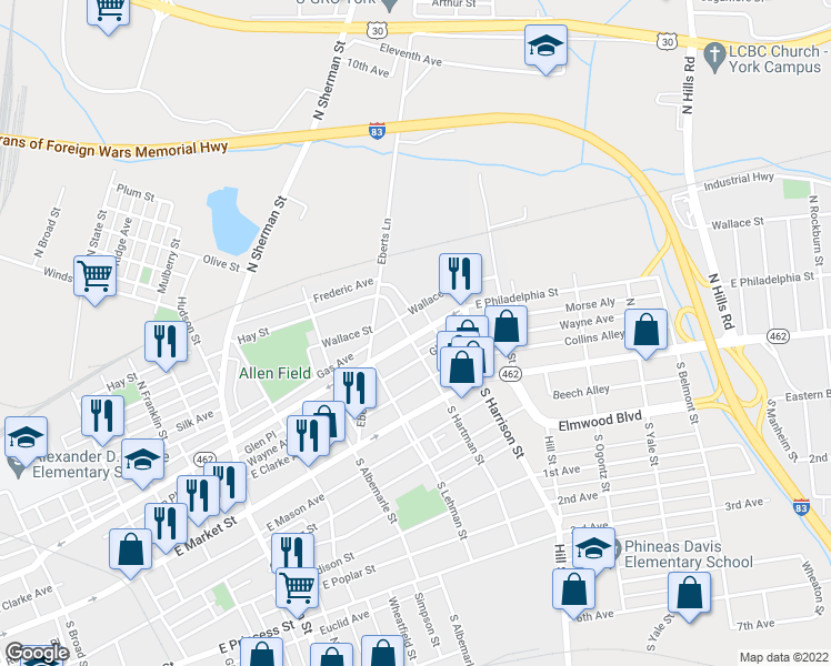map of restaurants, bars, coffee shops, grocery stores, and more near 103 North Hartman Street in York