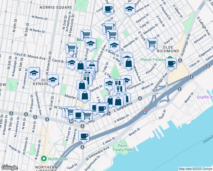 map of restaurants, bars, coffee shops, grocery stores, and more near 430 Belgrade Street in Philadelphia