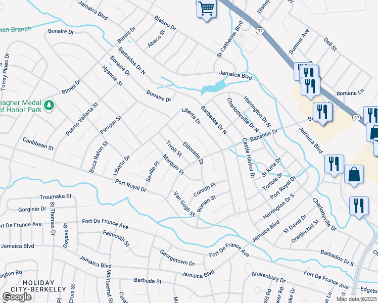map of restaurants, bars, coffee shops, grocery stores, and more near 31 Eldorado Street in Toms River