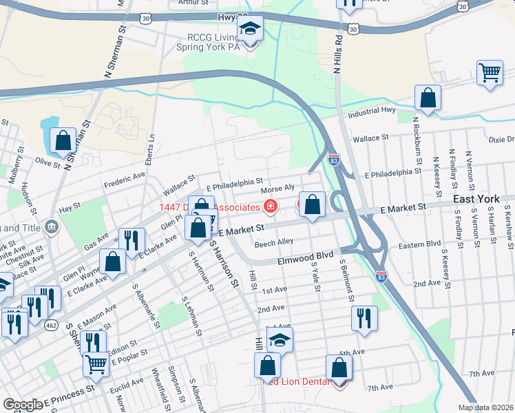 map of restaurants, bars, coffee shops, grocery stores, and more near 1488 Wayne Avenue in York