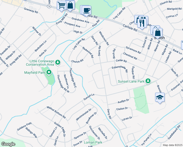 map of restaurants, bars, coffee shops, grocery stores, and more near 2152 Twin Brooks Drive in York