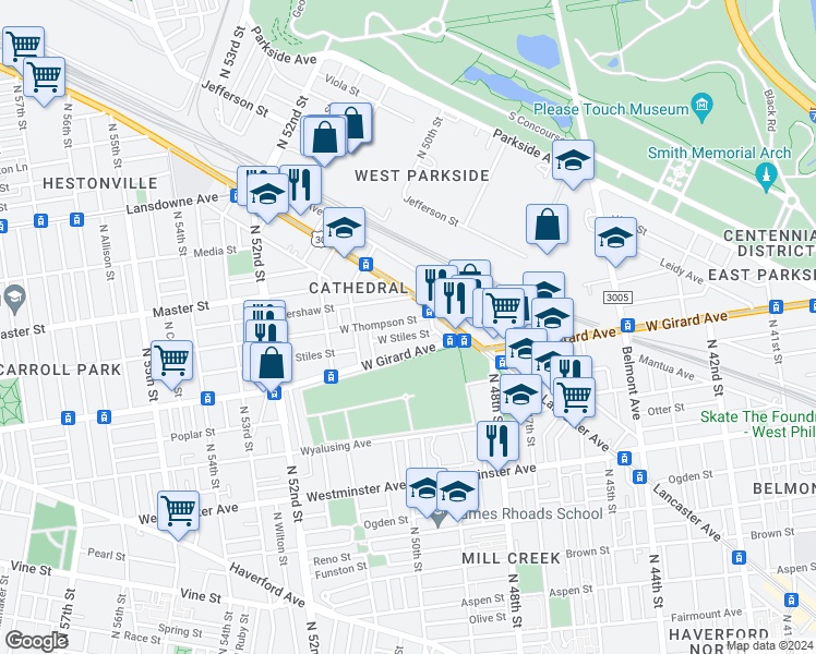 map of restaurants, bars, coffee shops, grocery stores, and more near 4932 West Thompson Street in Philadelphia