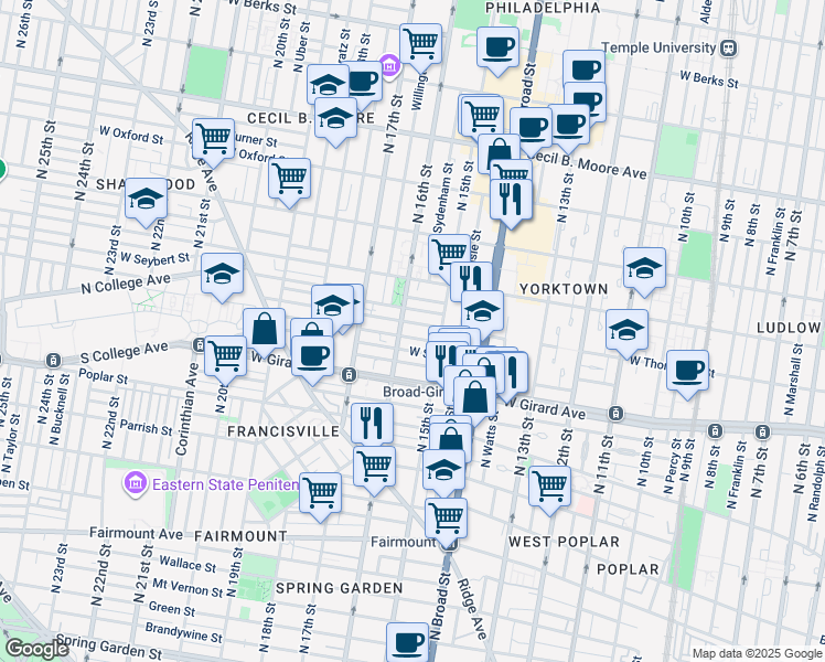 map of restaurants, bars, coffee shops, grocery stores, and more near 1532 West Thompson Street in Philadelphia
