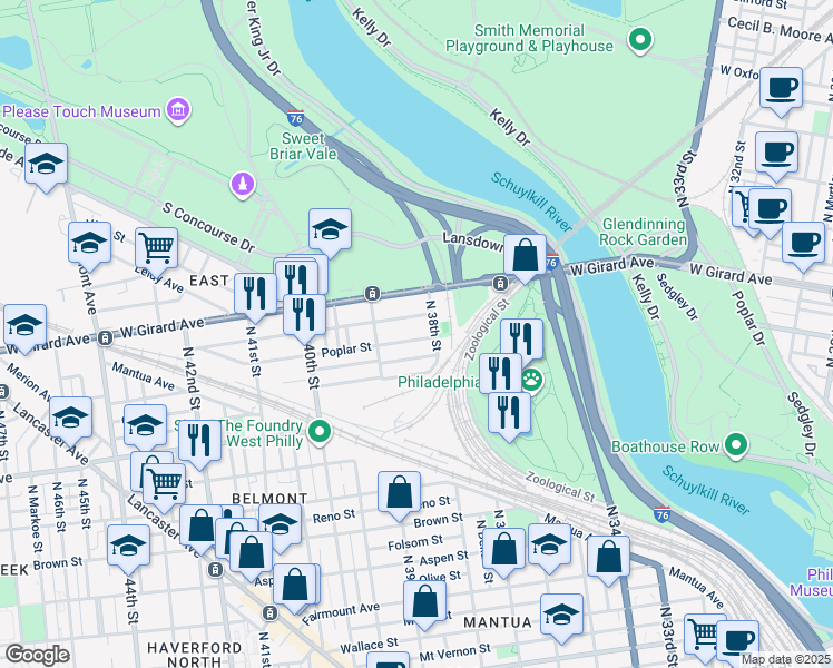 map of restaurants, bars, coffee shops, grocery stores, and more near 3821 Poplar Street in Philadelphia