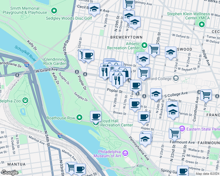 map of restaurants, bars, coffee shops, grocery stores, and more near 2835 Poplar St in Philadelphia