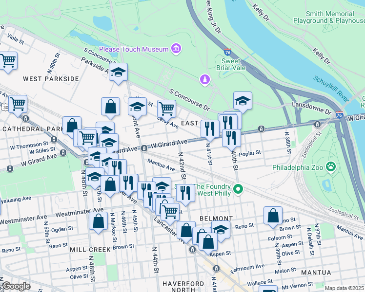 map of restaurants, bars, coffee shops, grocery stores, and more near 4162 West Girard Avenue in Philadelphia