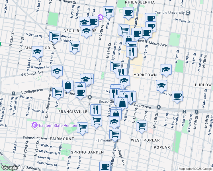 map of restaurants, bars, coffee shops, grocery stores, and more near 1532 West Thompson Street in Philadelphia