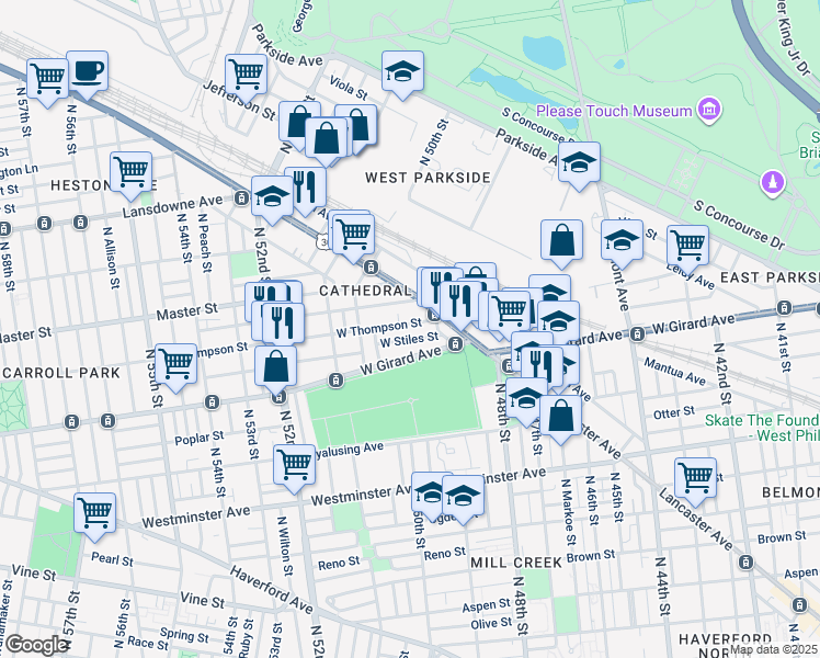 map of restaurants, bars, coffee shops, grocery stores, and more near 4922 West Thompson Street in Philadelphia
