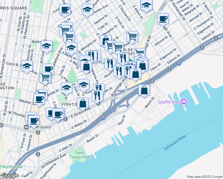 map of restaurants, bars, coffee shops, grocery stores, and more near 836 Moyer Street in Philadelphia
