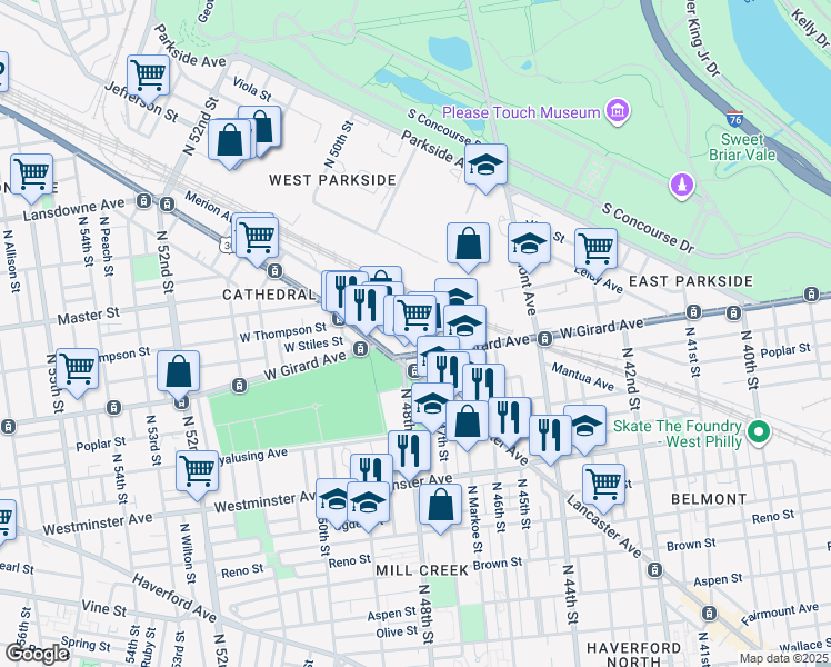 map of restaurants, bars, coffee shops, grocery stores, and more near 4803 Merion Avenue in Philadelphia