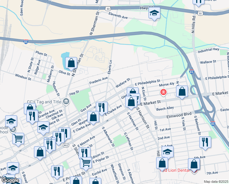 map of restaurants, bars, coffee shops, grocery stores, and more near 108 North Hartman Street in York