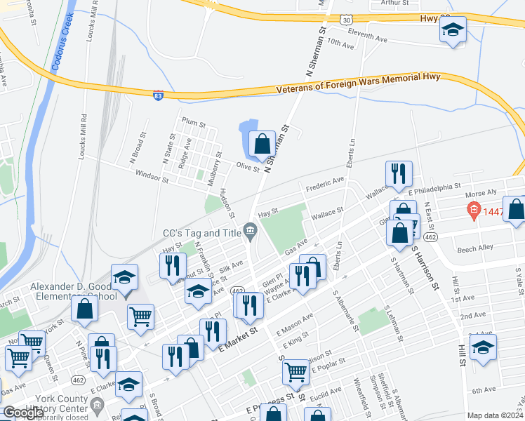 map of restaurants, bars, coffee shops, grocery stores, and more near 915 Hay Street in York