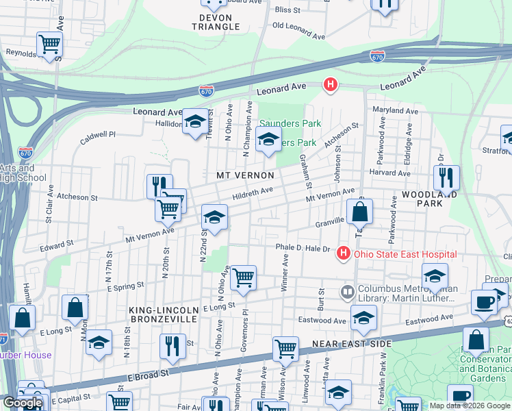map of restaurants, bars, coffee shops, grocery stores, and more near 1290 Mount Vernon Avenue in Columbus