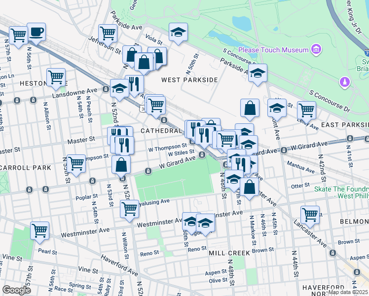 map of restaurants, bars, coffee shops, grocery stores, and more near 4928 West Thompson Street in Philadelphia