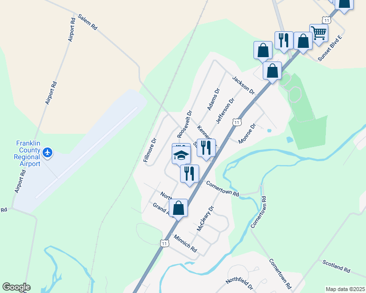 map of restaurants, bars, coffee shops, grocery stores, and more near 2810 Roosevelt Drive in Chambersburg