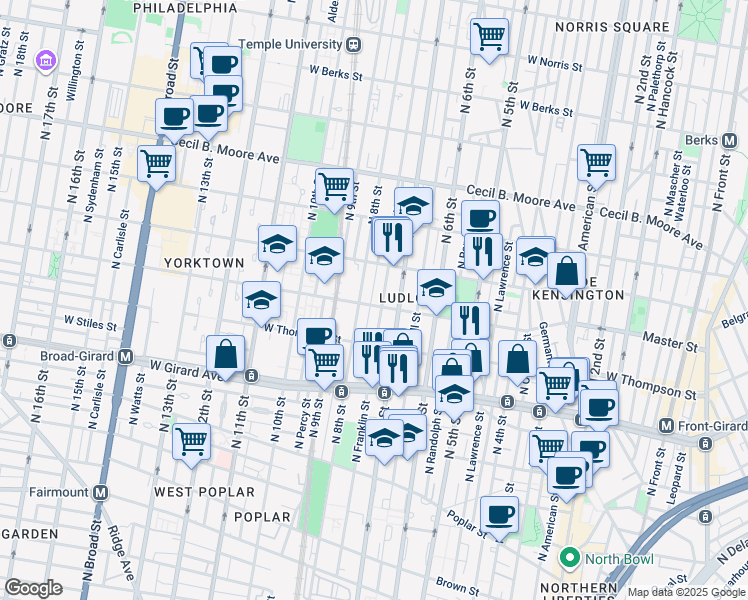 map of restaurants, bars, coffee shops, grocery stores, and more near 1403 North Perth Street in Philadelphia