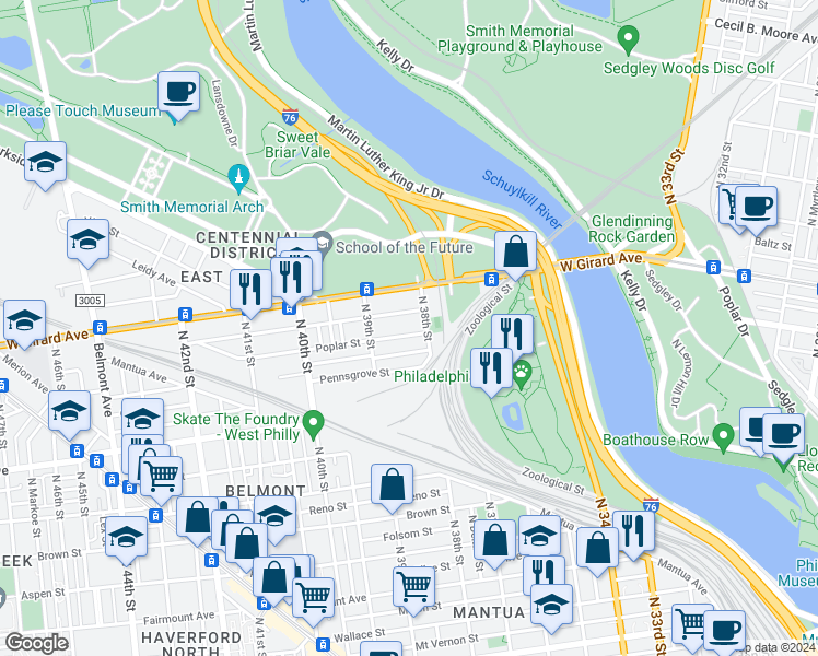 map of restaurants, bars, coffee shops, grocery stores, and more near 3821 Poplar Street in Philadelphia