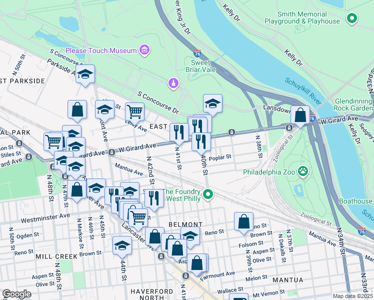 map of restaurants, bars, coffee shops, grocery stores, and more near 4045 Cambridge Street in Philadelphia