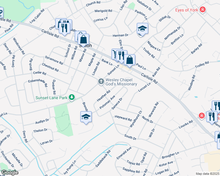 map of restaurants, bars, coffee shops, grocery stores, and more near 2375 Heather Road in Shiloh