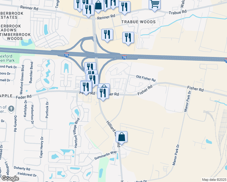 map of restaurants, bars, coffee shops, grocery stores, and more near 5432 Fisher Road in Columbus