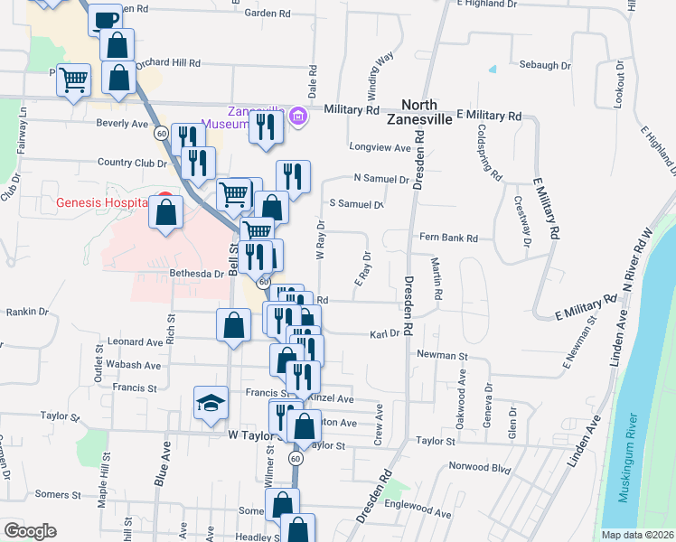 map of restaurants, bars, coffee shops, grocery stores, and more near 2760 West Ray Drive in Zanesville