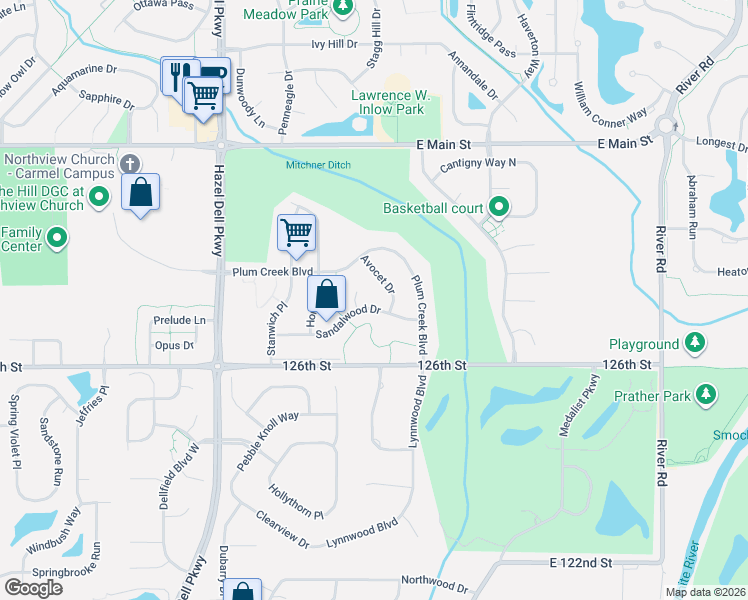 map of restaurants, bars, coffee shops, grocery stores, and more near 5960 Sandalwood Dr in Carmel
