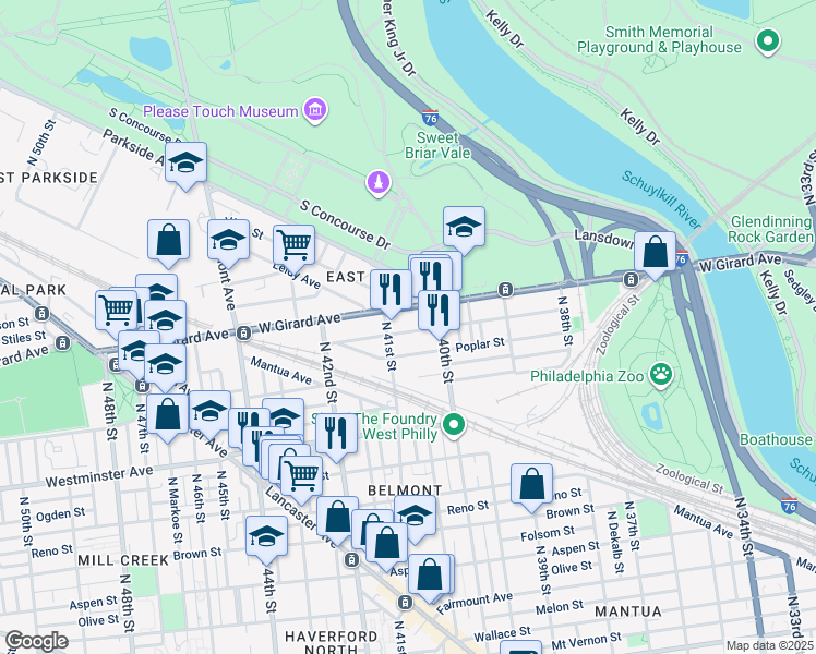 map of restaurants, bars, coffee shops, grocery stores, and more near 4045 Cambridge Street in Philadelphia